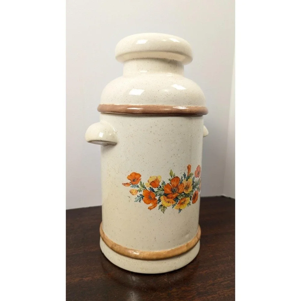 Vintage Ceramic Floral Canister Poppy Decal Speckled Glaze